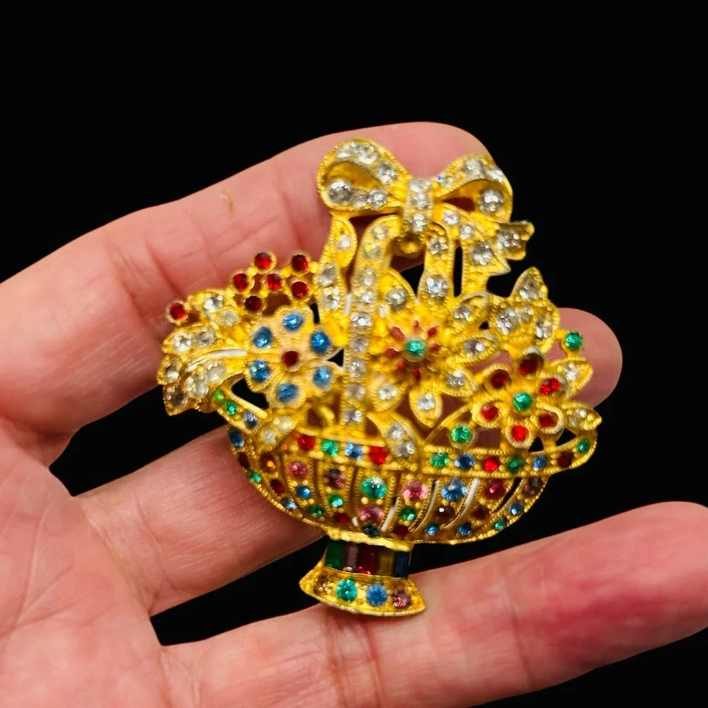 Vintage 1930’s Basket Brooch Multi Color Rhinestones